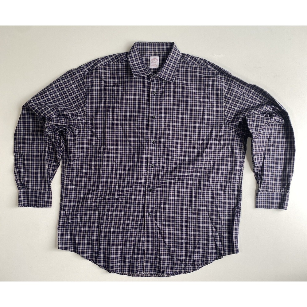 Brooks Brothers Men XL Blue Grey Purple Plaid Button Shirt NonIron Supima Cotton